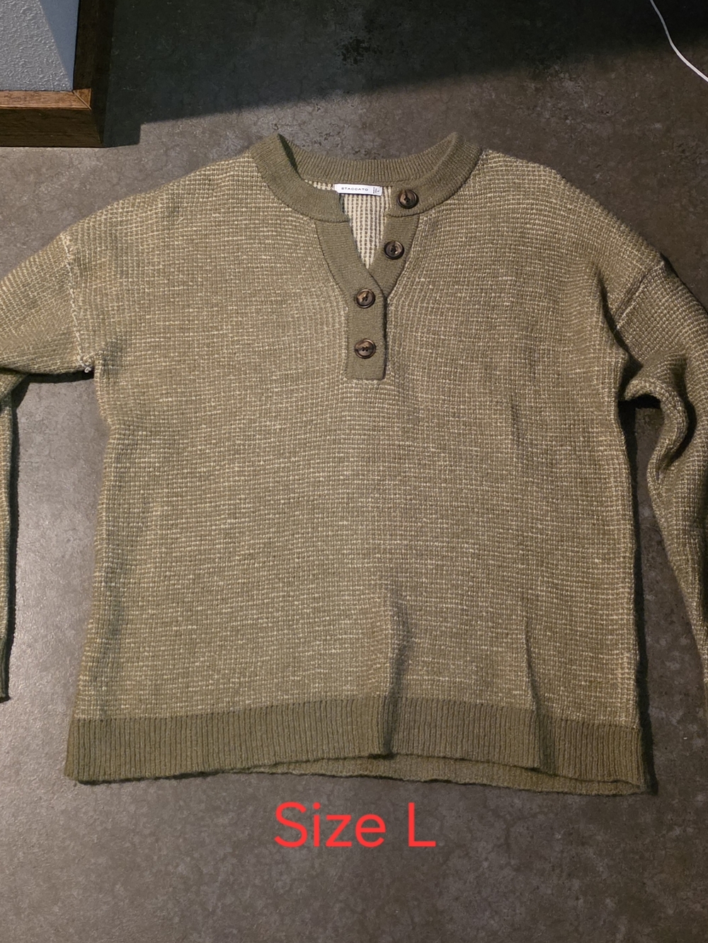 Womens Olive Henley Knit Sweater - Size L